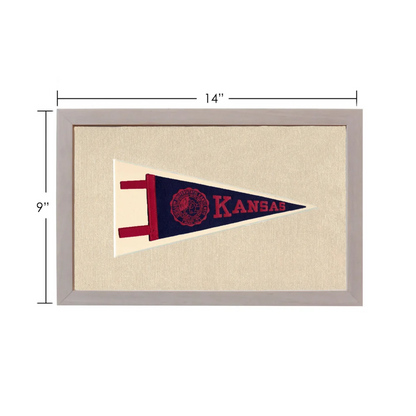 Vintage University of Kansas pennant in navy blue, cream, and red embroidery