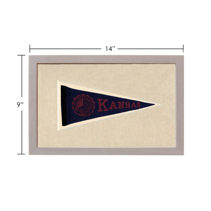 Framed vintage University of Kansas pennant in navy blue with red lettering