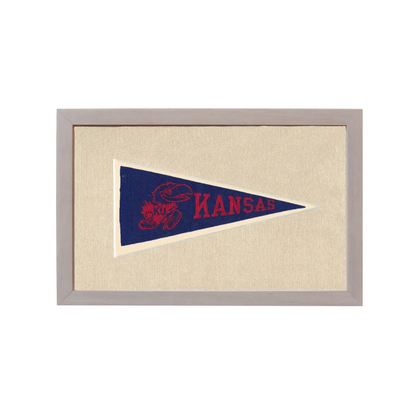 Vintage University of Kansas pennant with red jayhawk and Kansas lettering