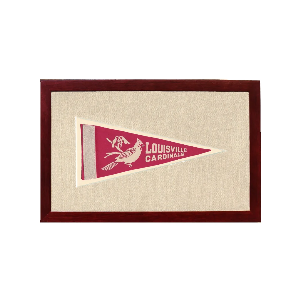 Vintage University of Louisville pennant in maroon and white, framed in dark wood