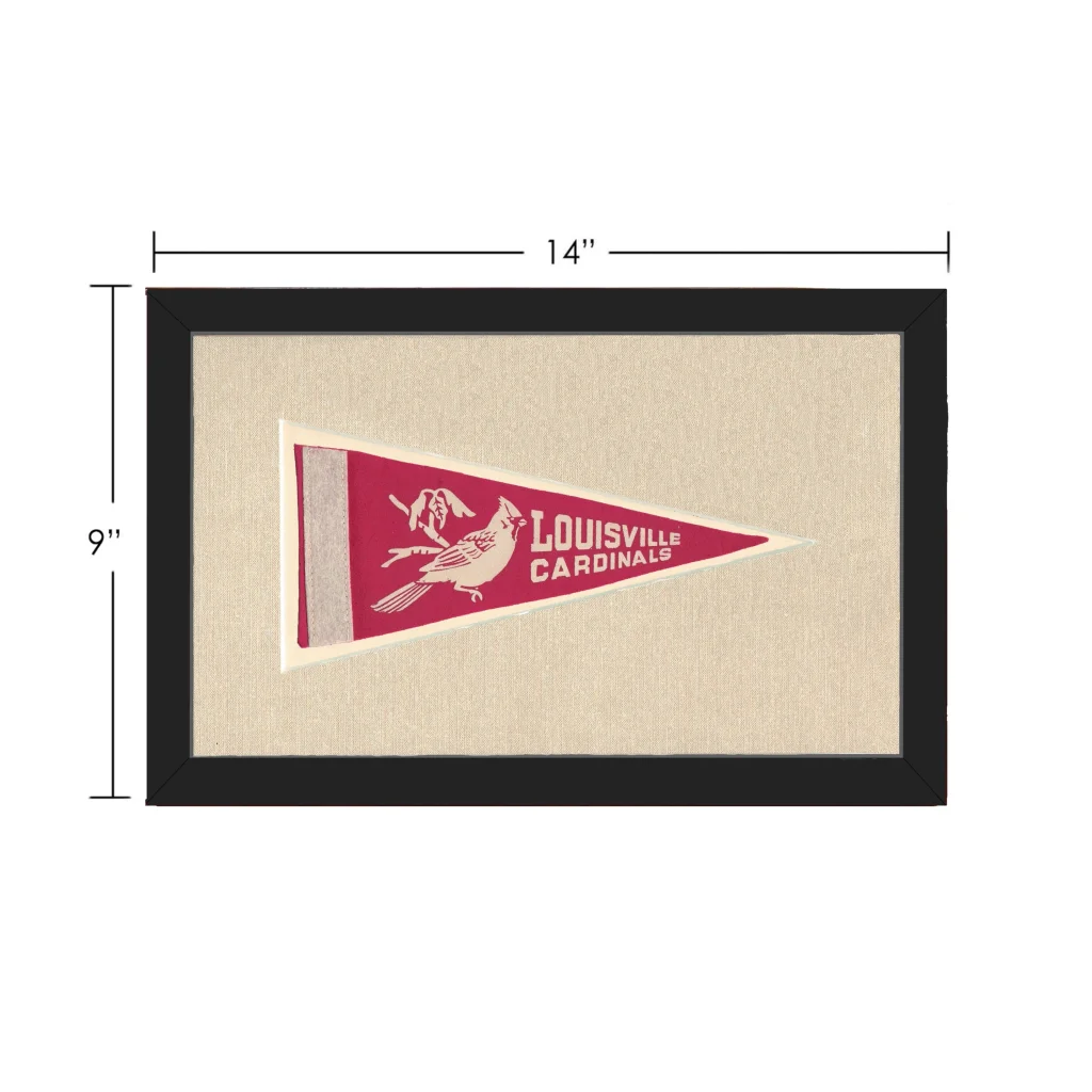 Framed red and white Louisville Cardinals vintage university pennant