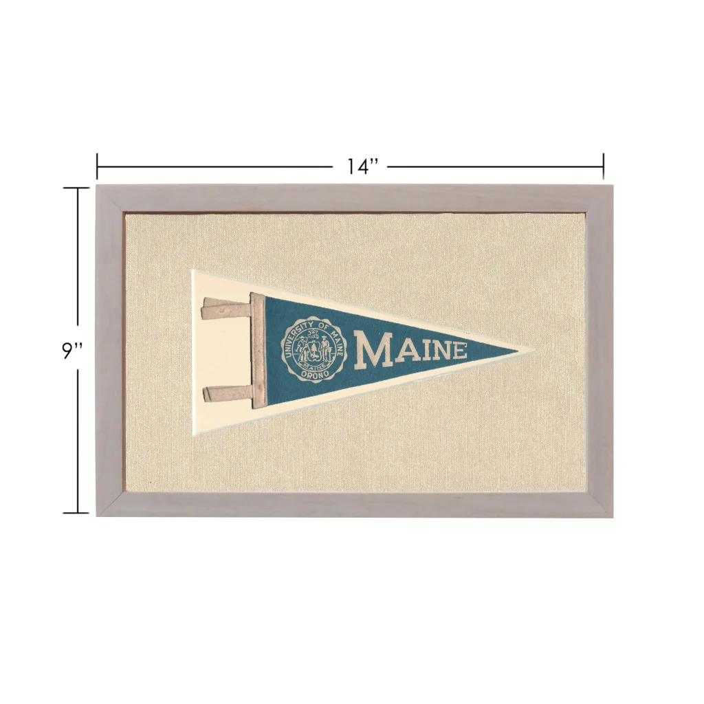 Vintage University of Maine Orono pennant in framed navy blue display