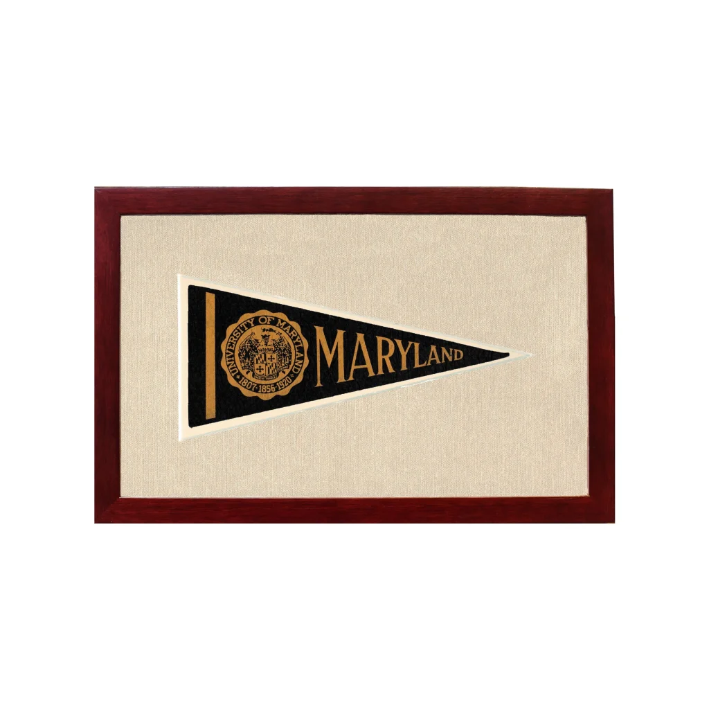 Vintage University of Maryland black and gold pennant in wooden frame