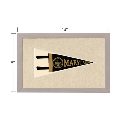 Vintage University of Maryland pennant in black and gold frame