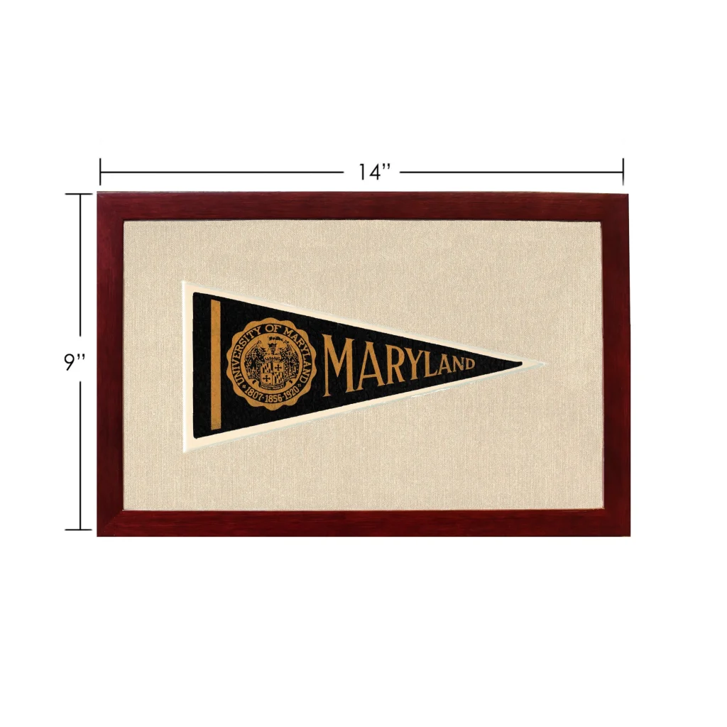 Vintage University of Maryland pennant in dark wood frame