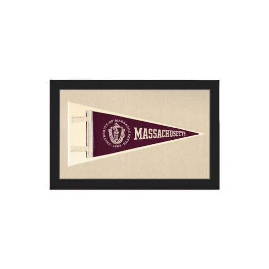 Vintage university of massachusetts pennant in maroon and cream displayed in a black-framed shadow box vintage pennants