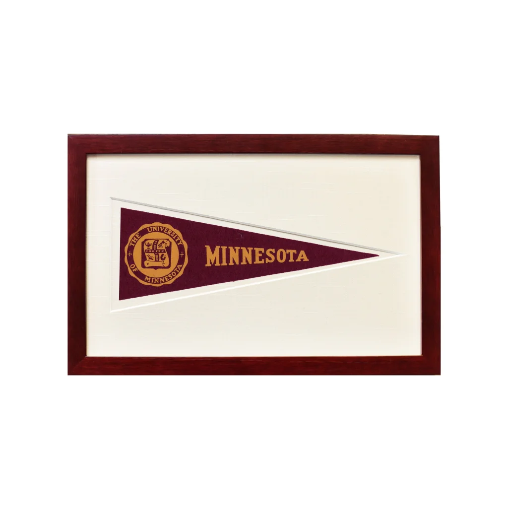 Vintage University of Minnesota wool felt pennant in maroon gold frame