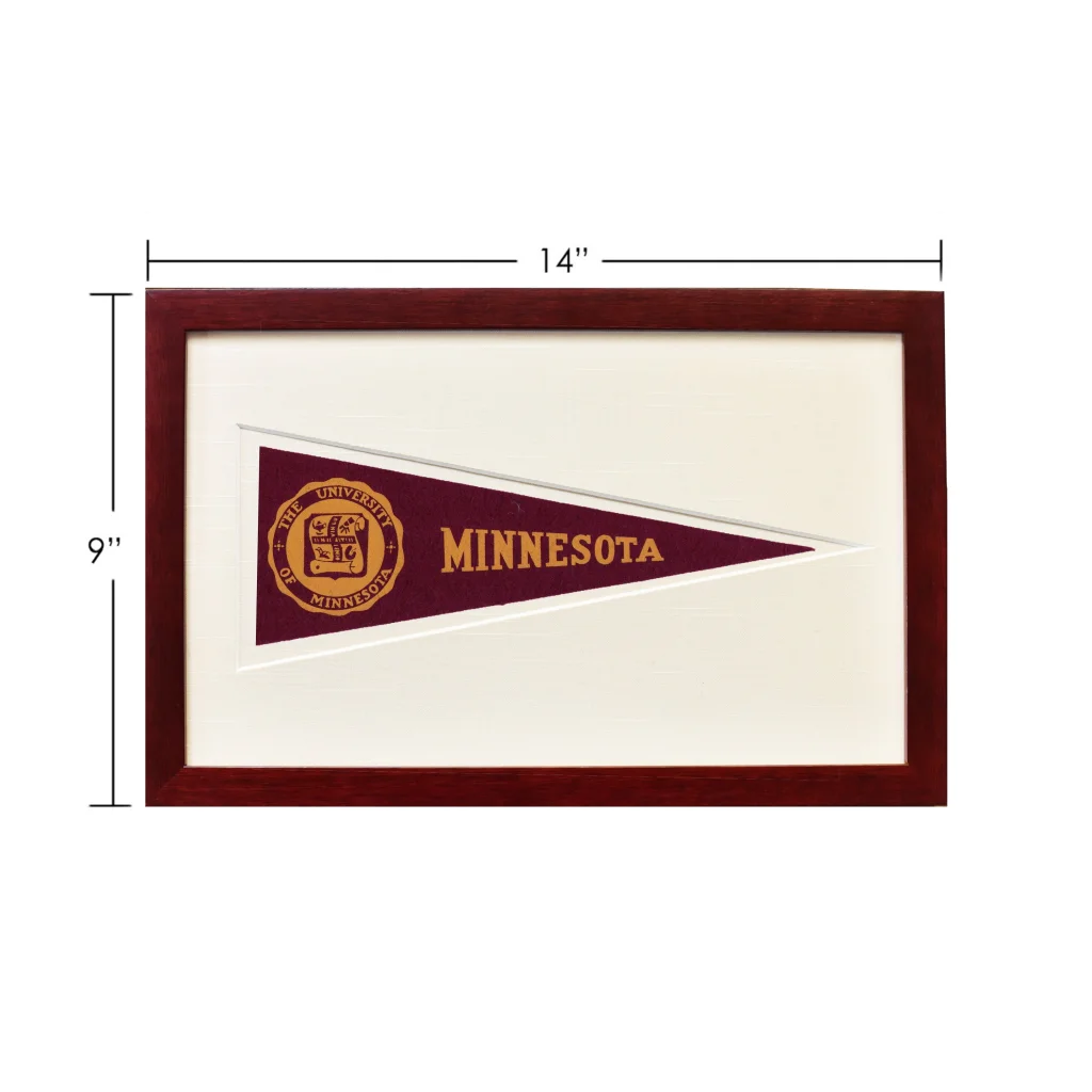 Vintage University of Minnesota wool felt pennant, maroon gold frame, 1950s