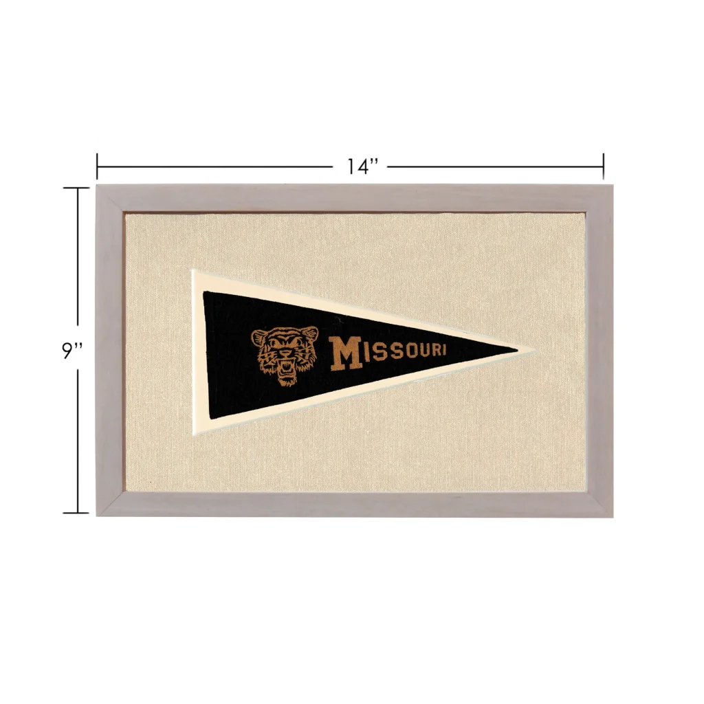 Vintage University of Missouri tiger head pennant in black and gold