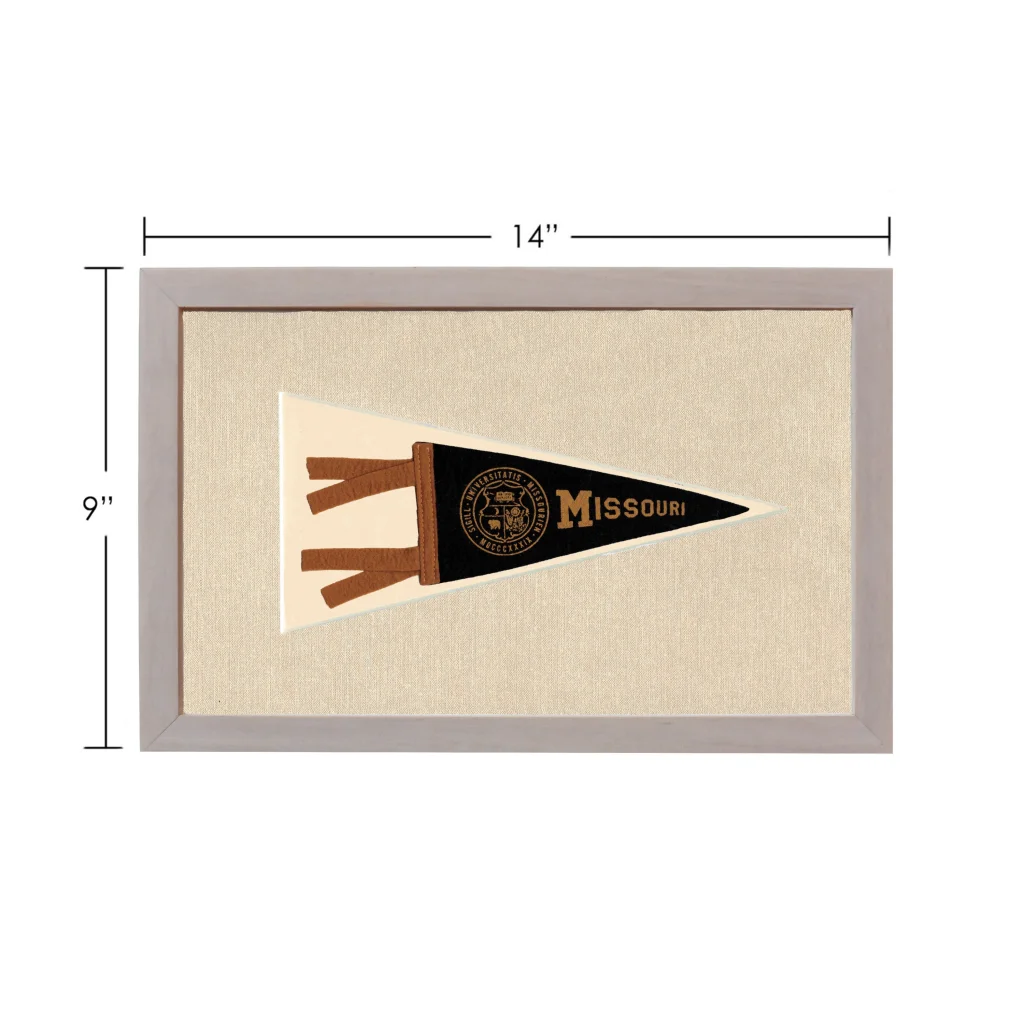 Vintage University of Missouri pennant framed with black flag and gold emblem