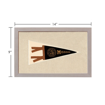 Vintage University of Missouri pennant framed with black flag and gold emblem