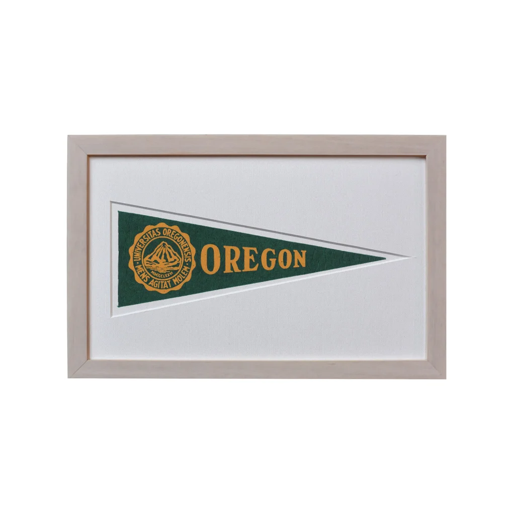 Vintage University of Oregon Hormel pennant in green, gold, wool felt, light wood frame