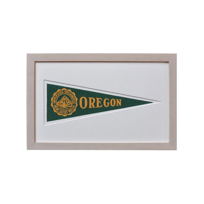 Vintage University of Oregon Hormel pennant in green, gold, wool felt, light wood frame