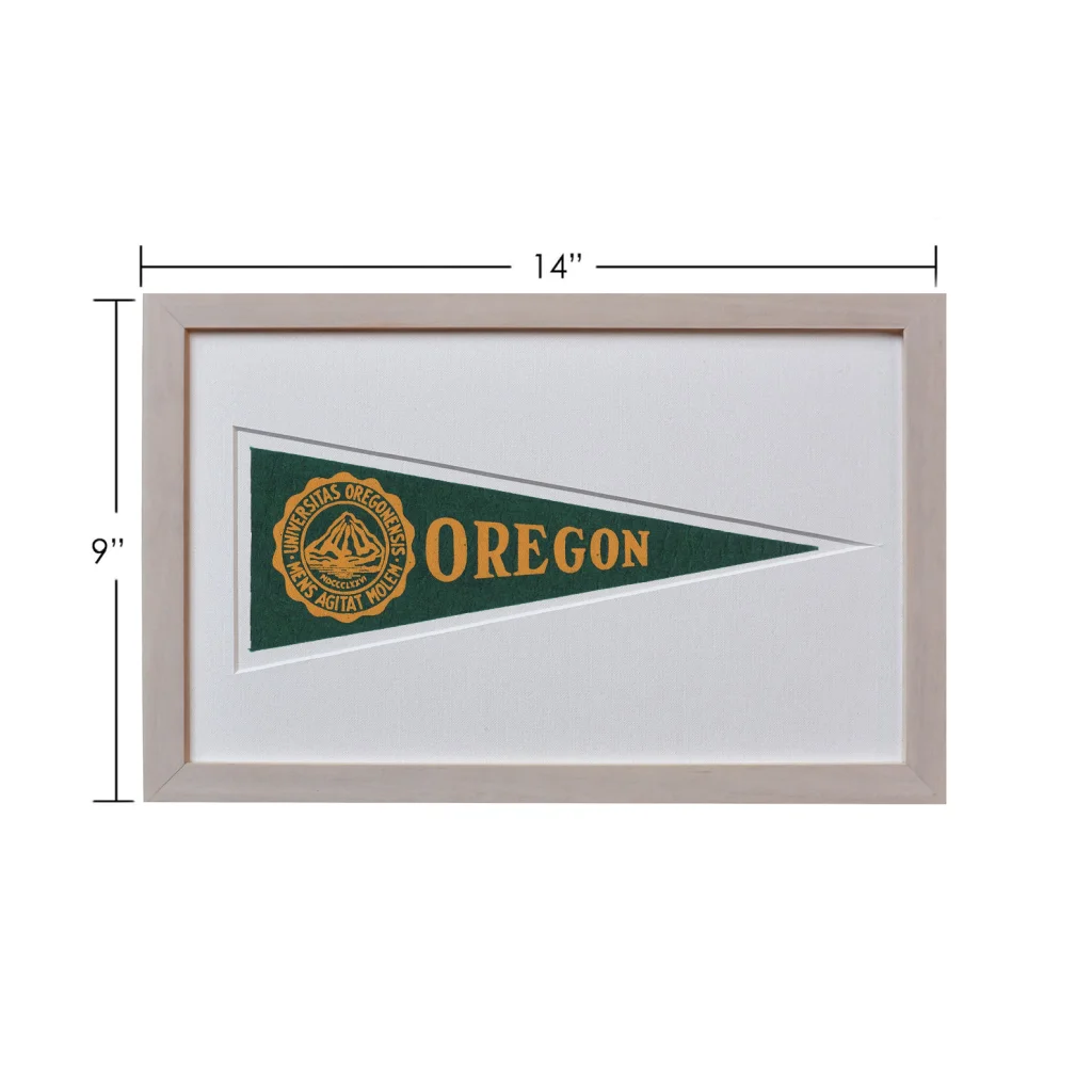 Vintage University of Oregon wool felt pennant in gold green frame