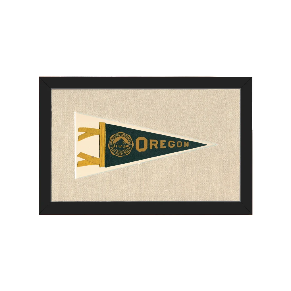 Vintage University of Oregon pennant in frame, dark green with gold emblem