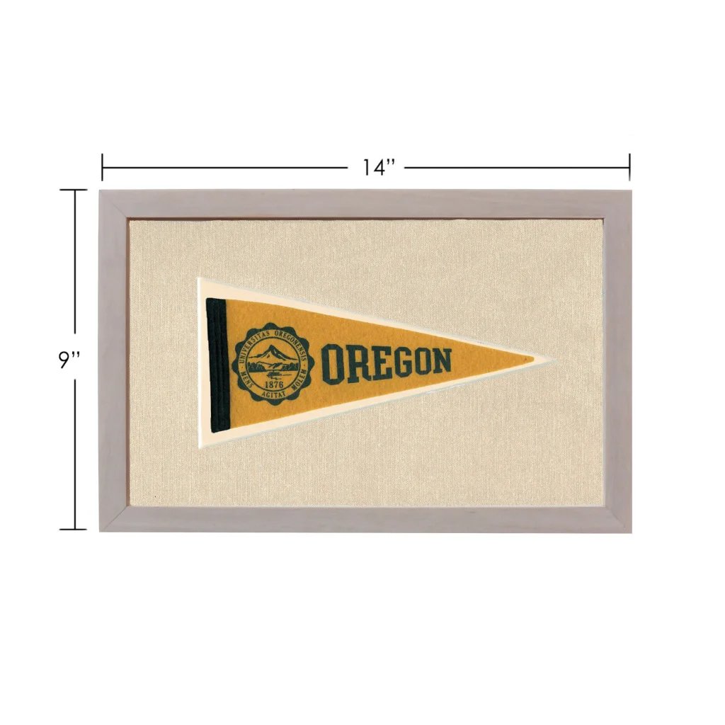 Vintage University of Oregon pennant in mustard-yellow frame