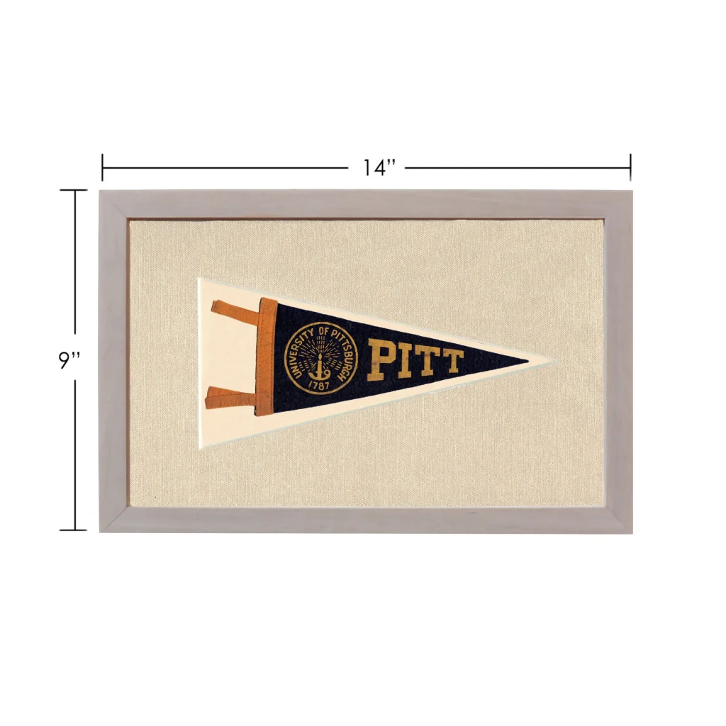 Vintage University of Pittsburgh pennant in navy blue and gold frame