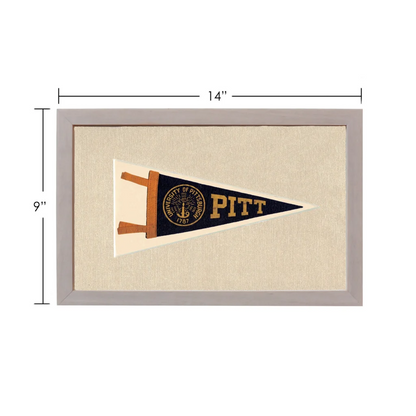 Vintage University of Pittsburgh pennant in navy blue and gold frame