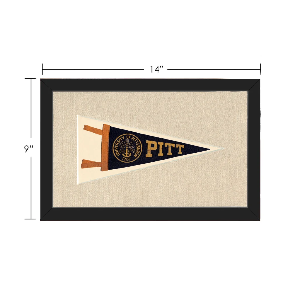 Vintage University of Pittsburgh pennant in navy blue frame on beige background
