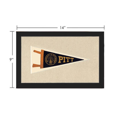 Vintage University of Pittsburgh pennant in navy blue frame on beige background