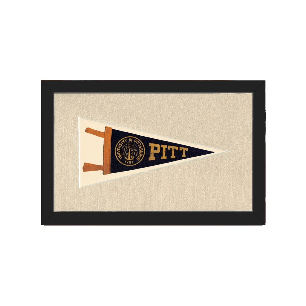 Vintage University of Pittsburgh pennant in navy blue and cream with gold Pitt lettering and seal, black framed