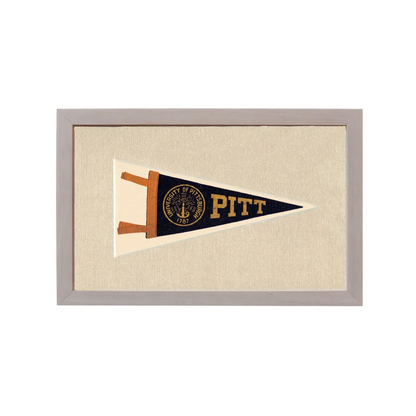 Vintage University of Pittsburgh pennant in navy blue and gold, framed