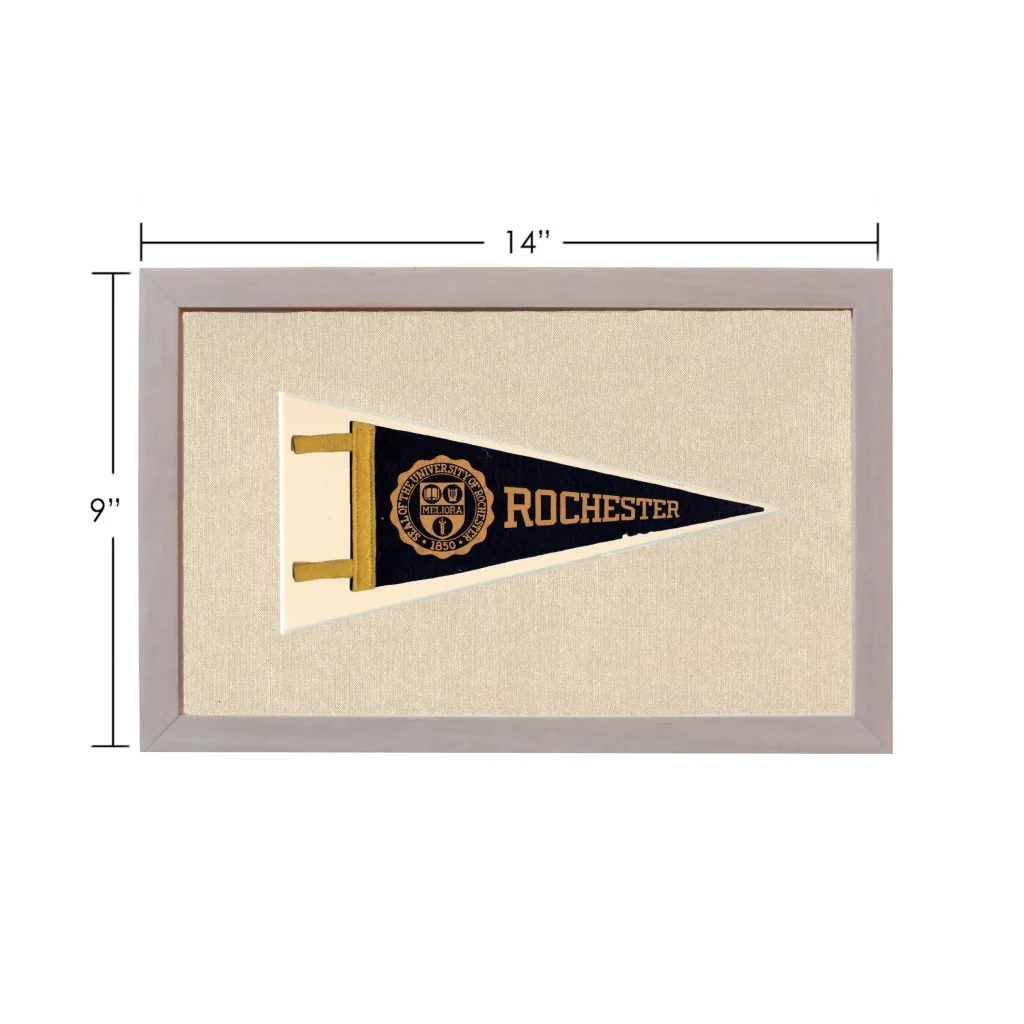 Vintage black and gold University of Rochester pennant in gray frame