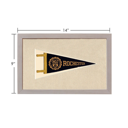 Vintage black and gold University of Rochester pennant in gray frame