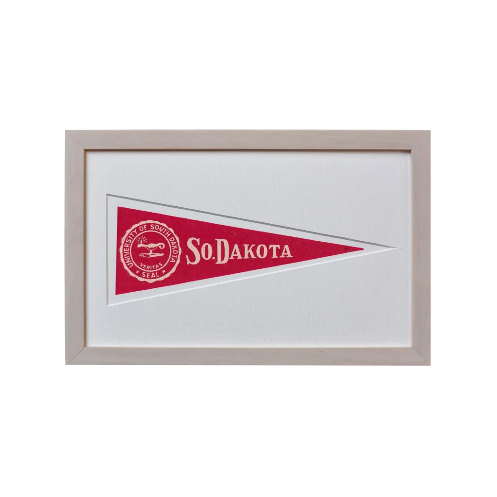 Vintage University of South Dakota wool felt pennant, 1950s red and white flag