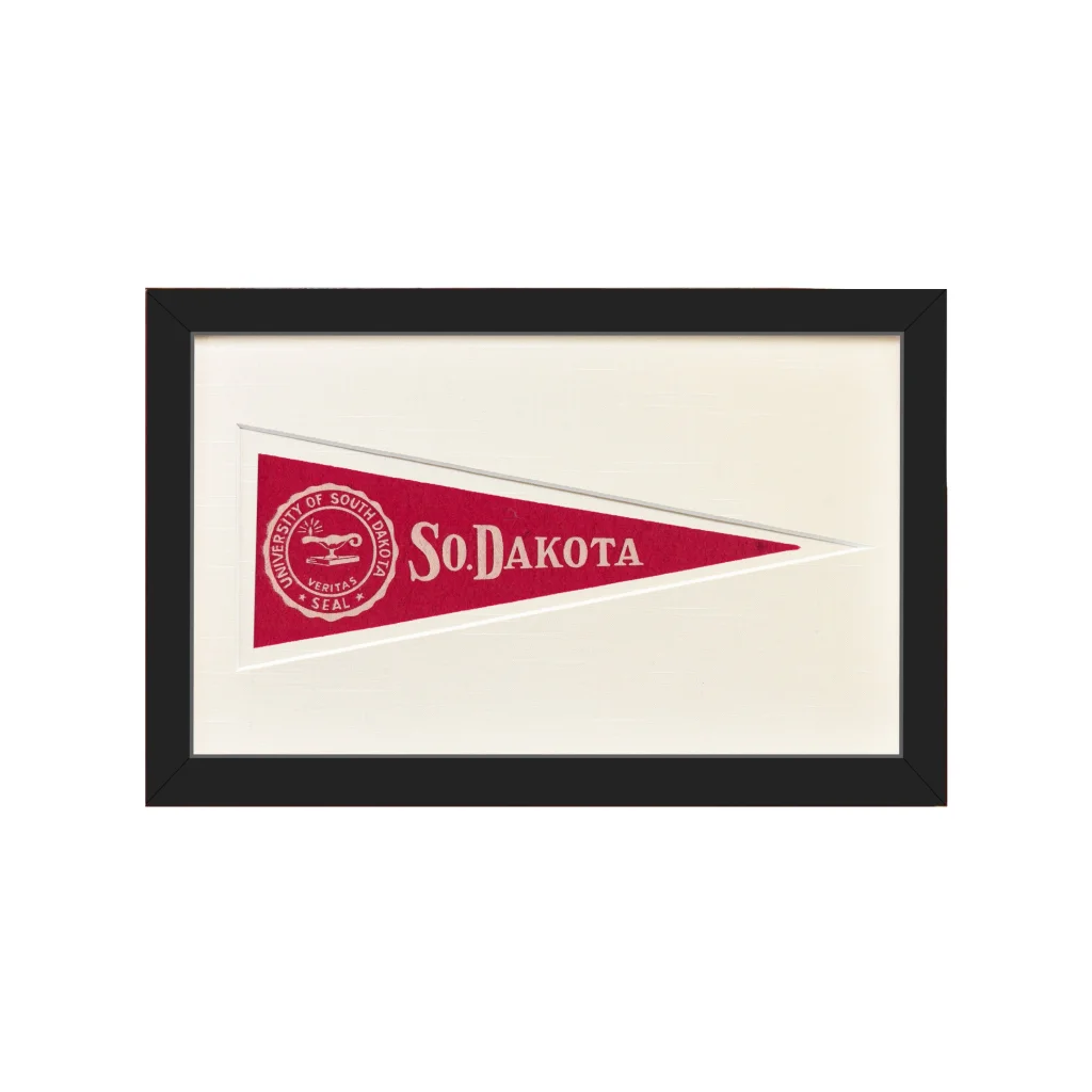 Vintage University of South Dakota wool felt pennant with red and white flag