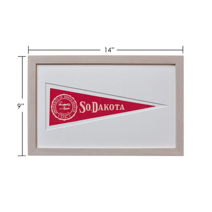 Vintage University of South Dakota wool felt pennant with red and white flag frame