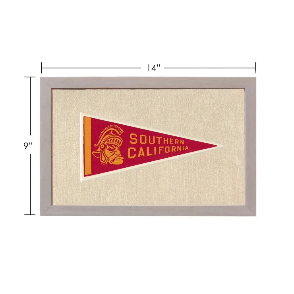 Vintage University of Southern California pennant in red and gold, framed