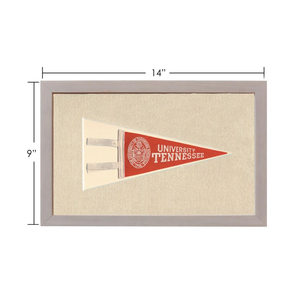 Vintage University of Tennessee red and white pennant in gray frame