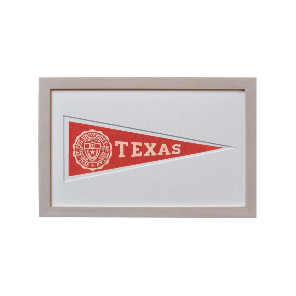 Vintage University of Texas 1950s wool felt pennant with red white frame