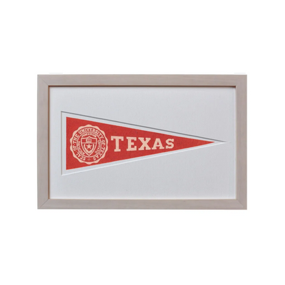 Vintage University of Texas 1950s wool felt pennant with red white frame