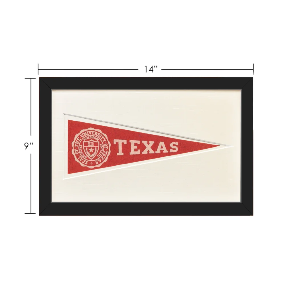 Vintage University of Texas 1950s wool felt pennant flag with red frame