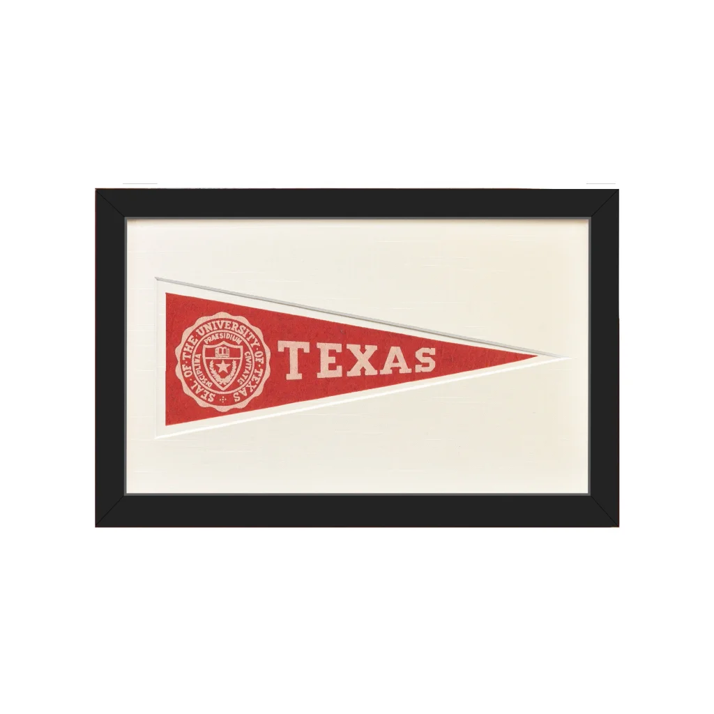 Vintage University of Texas 1950s wool felt pennant with red white frame
