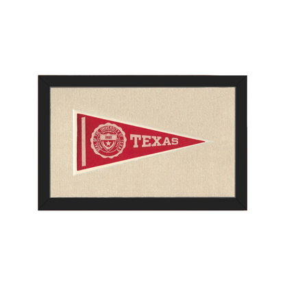 Framed vintage University of Texas pennant in red and cream
