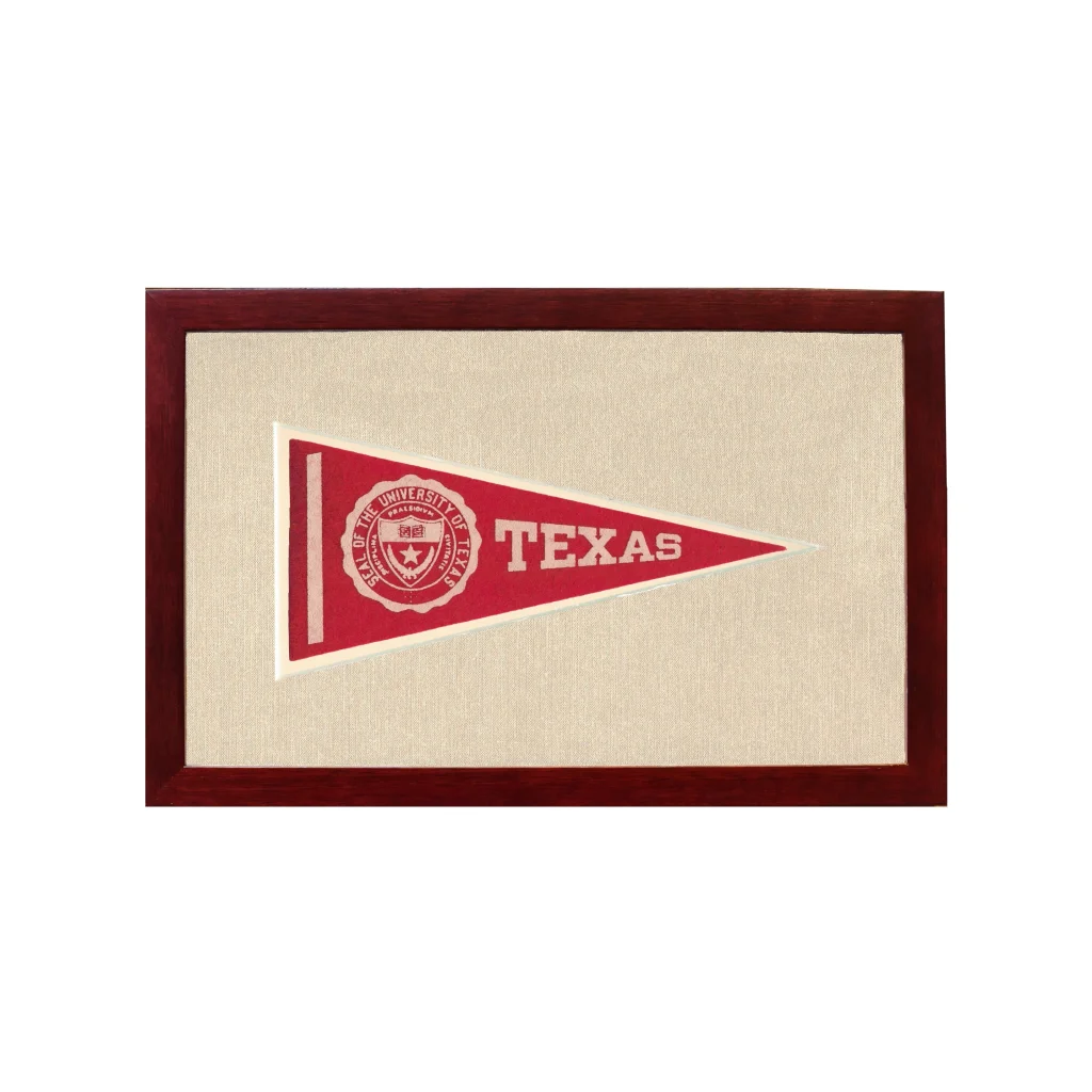 Vintage University of Texas red triangular pennant in dark wood frame