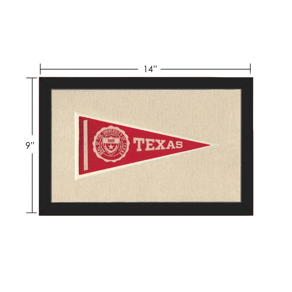 Vintage University of Texas pennant in red, white, black frame