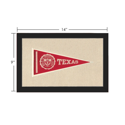 Vintage University of Texas pennant in red, white, black frame