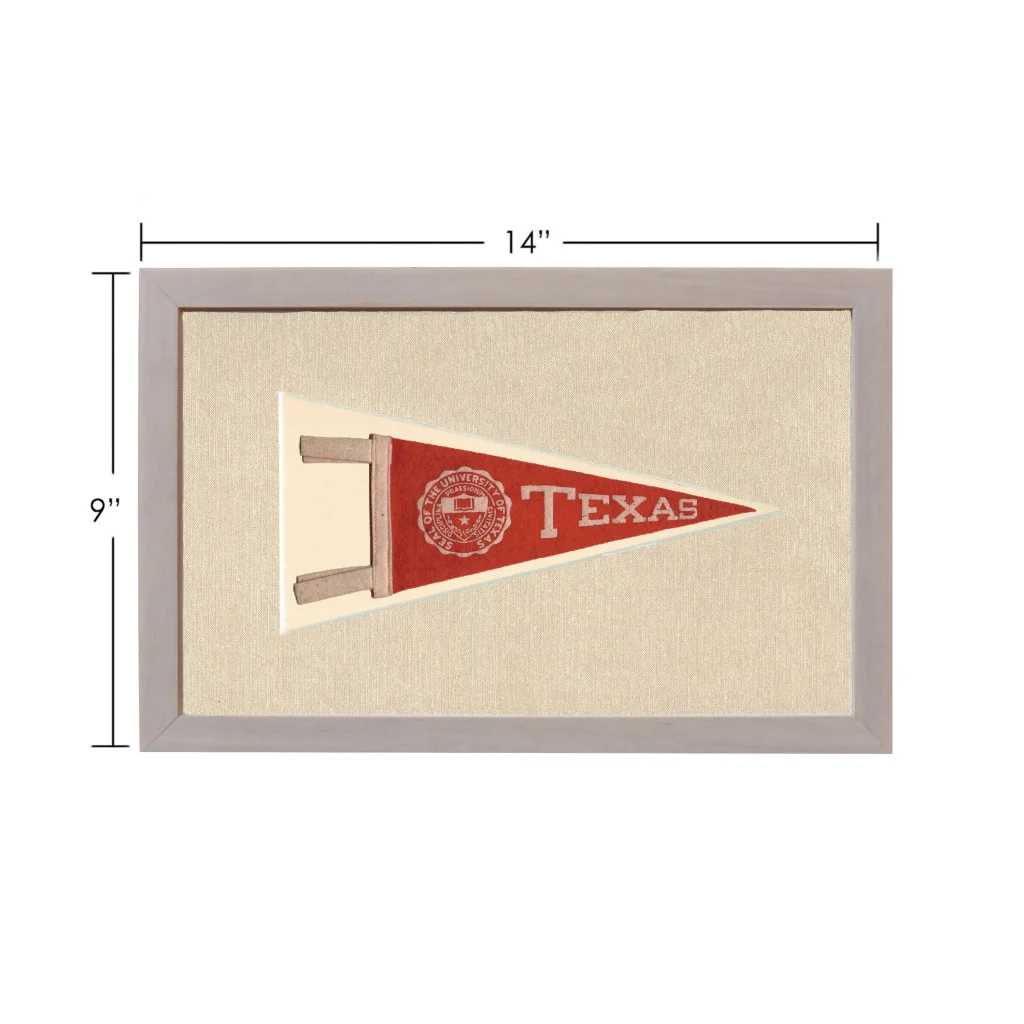 Vintage University of Texas pennant with red design and gray frame