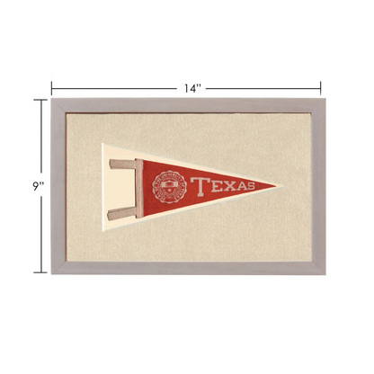 Vintage University of Texas pennant with red design and gray frame