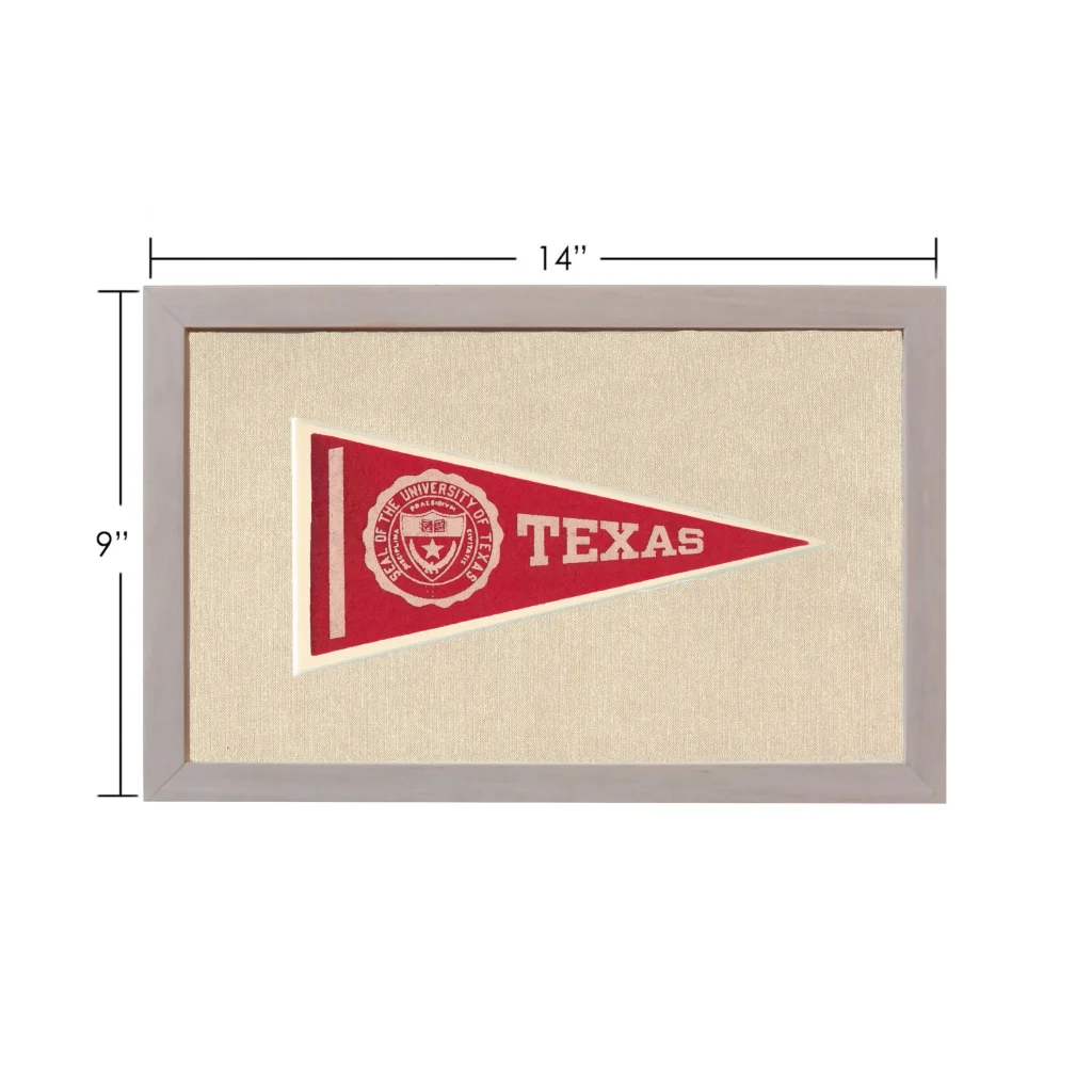 Vintage University of Texas pennant with red base, white lettering, emblem, gray border