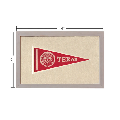 Vintage University of Texas pennant with red base, white lettering, emblem, gray border