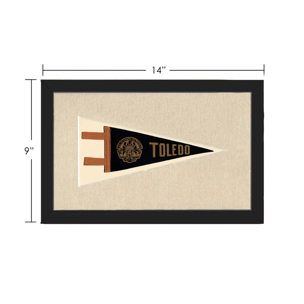 Framed black and gold vintage University of Toledo pennant