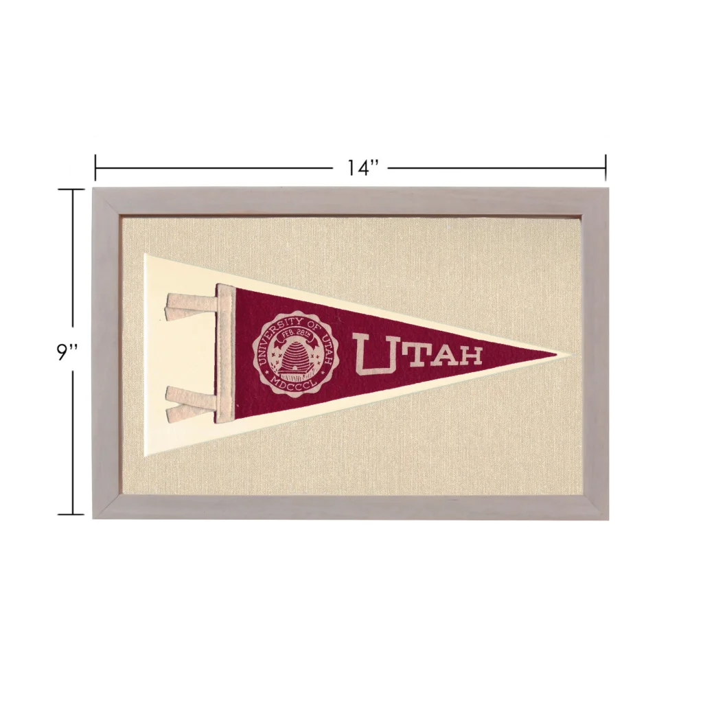 Vintage University of Utah maroon and cream pennant in gray frame