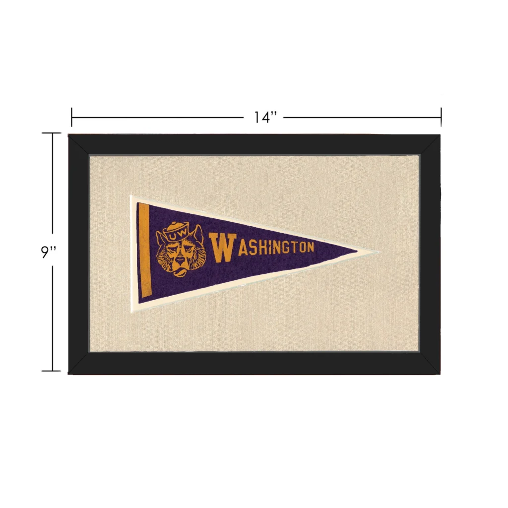 Vintage University of Washington pennant in purple gold frame on beige background