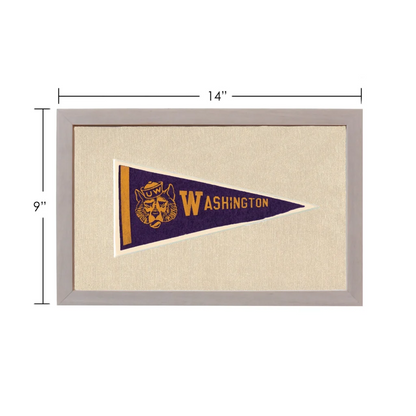 Vintage University of Washington pennant with purple wolf mascot on beige background