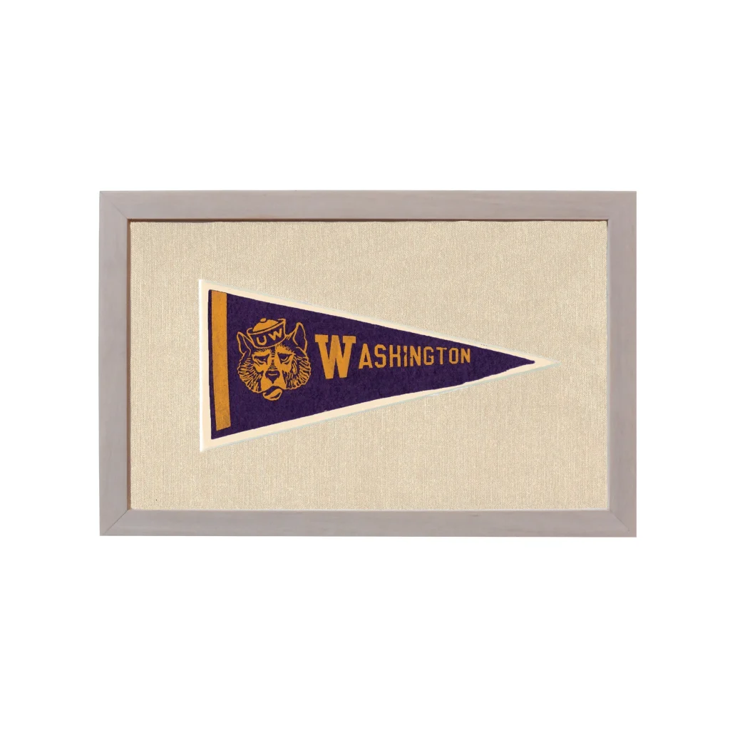 Vintage University of Washington pennant with navy blue wolf mascot in gold frame